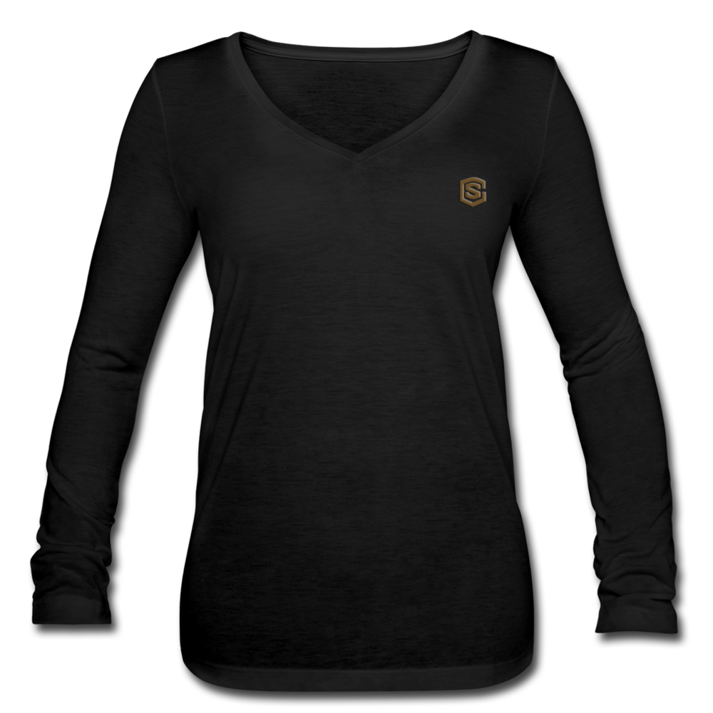 Women’s Long Sleeve  V-Neck Flowy Tee  WITH  BROWN LOGO - black