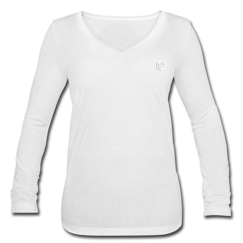 Women’s Long Sleeve  V-Neck Flowy Tee  WITH WHITE  LOGO - white