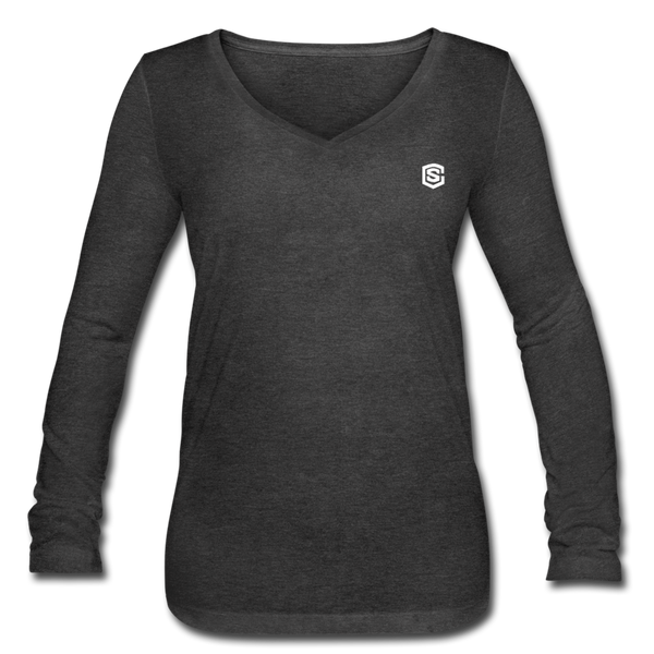 Women’s Long Sleeve  V-Neck Flowy Tee  WITH WHITE  LOGO - deep heather