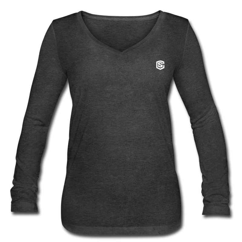 Women’s Long Sleeve  V-Neck Flowy Tee  WITH WHITE  LOGO - deep heather