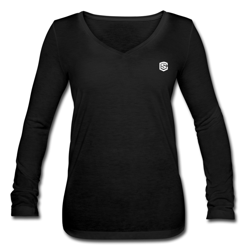 Women’s Long Sleeve  V-Neck Flowy Tee  WITH WHITE  LOGO - black