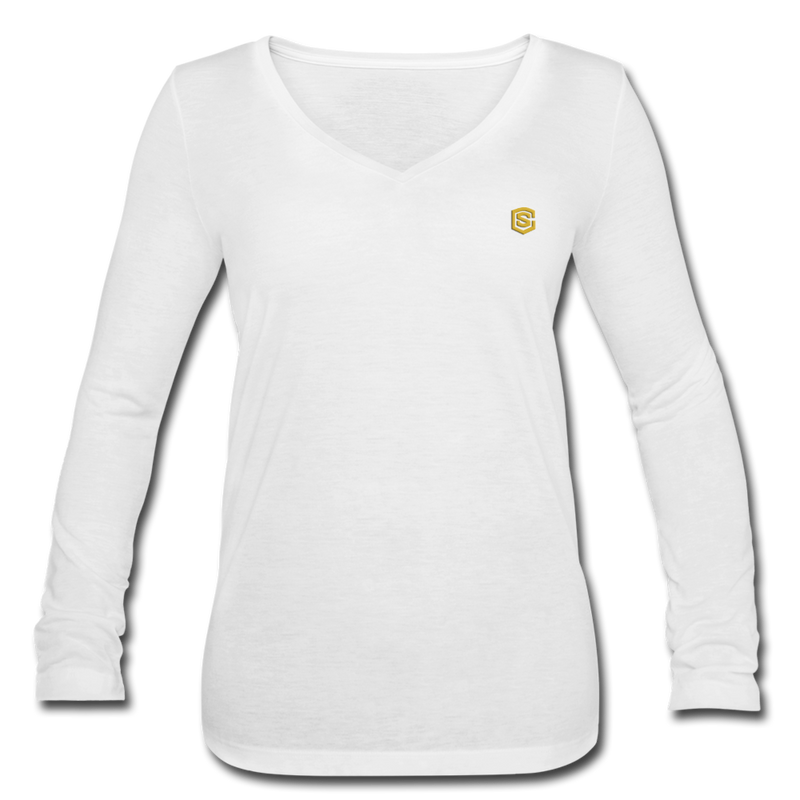 Women’s Long Sleeve  V-Neck Flowy Tee  WITH  GOLD LOGO - white