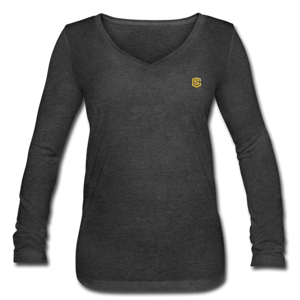 Women’s Long Sleeve  V-Neck Flowy Tee  WITH  GOLD LOGO - deep heather