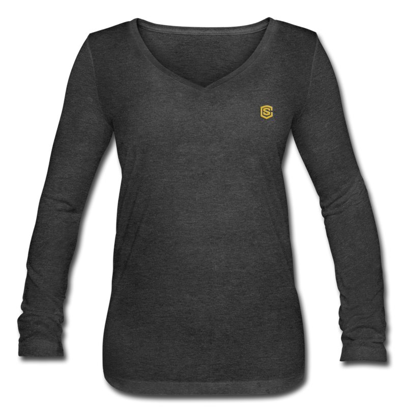 Women’s Long Sleeve  V-Neck Flowy Tee  WITH  GOLD LOGO - deep heather