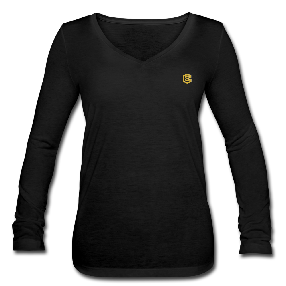 Women’s Long Sleeve  V-Neck Flowy Tee  WITH  GOLD LOGO - black