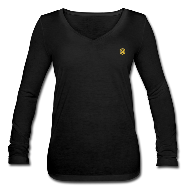 Women’s Long Sleeve  V-Neck Flowy Tee  WITH  GOLD LOGO - black