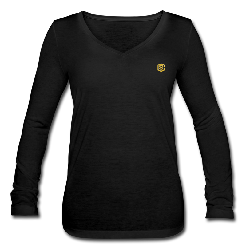 Women’s Long Sleeve  V-Neck Flowy Tee  WITH  GOLD LOGO - black