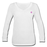 Women’s Long Sleeve  V-Neck Flowy Tee  WITH  PINK LOGO - white