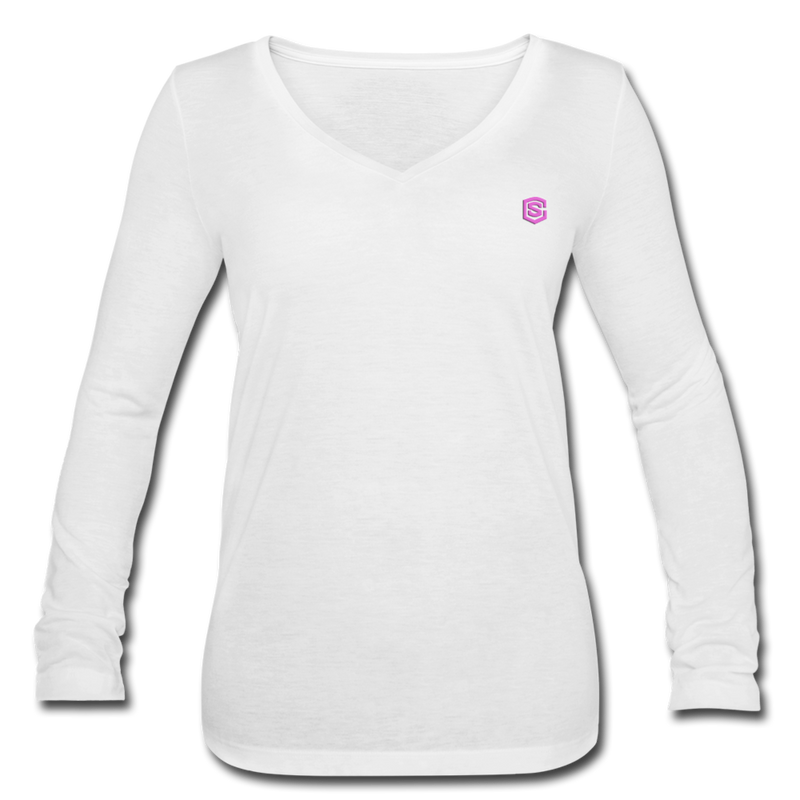 Women’s Long Sleeve  V-Neck Flowy Tee  WITH  PINK LOGO - white