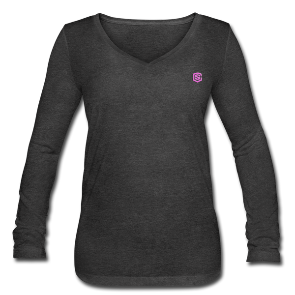 Women’s Long Sleeve  V-Neck Flowy Tee  WITH  PINK LOGO - deep heather