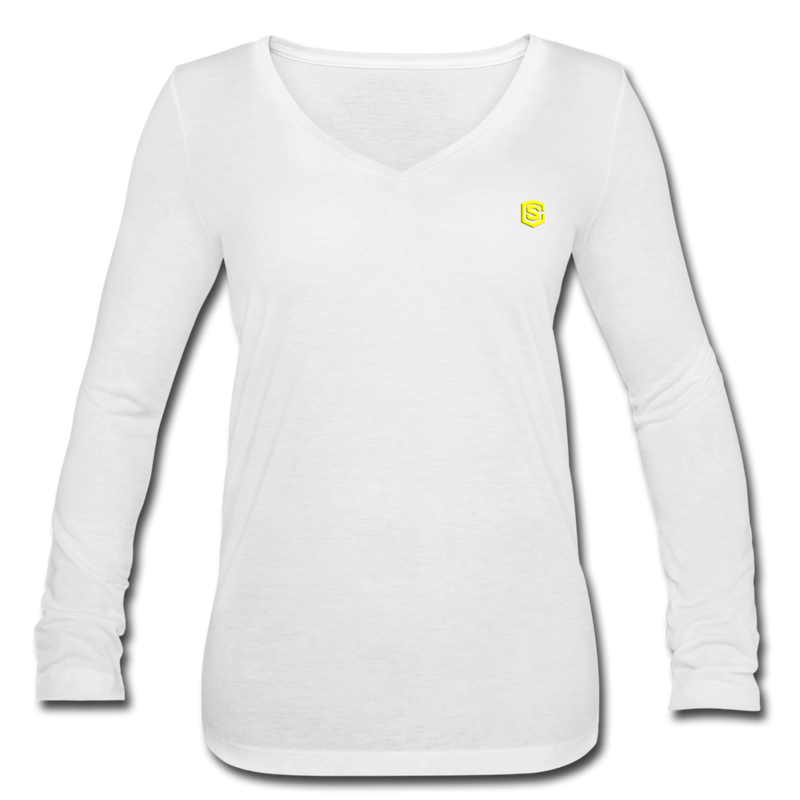 Women’s Long Sleeve  V-Neck Flowy Tee  WITH  YELLOW LOGO - white