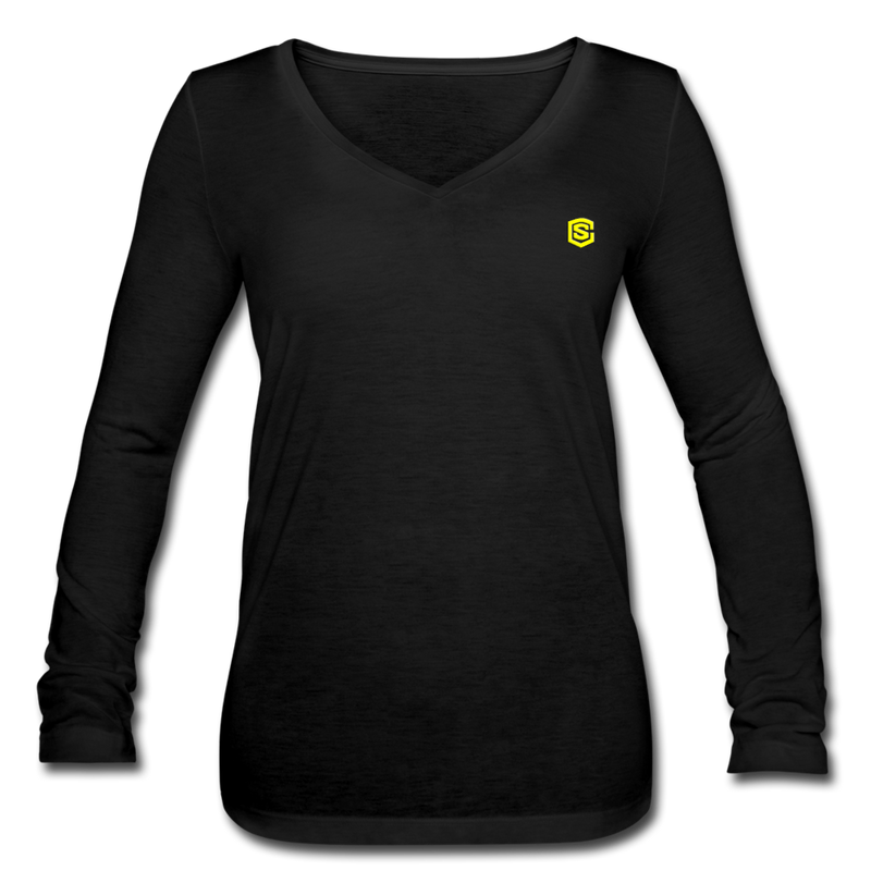 Women’s Long Sleeve  V-Neck Flowy Tee  WITH  YELLOW LOGO - black