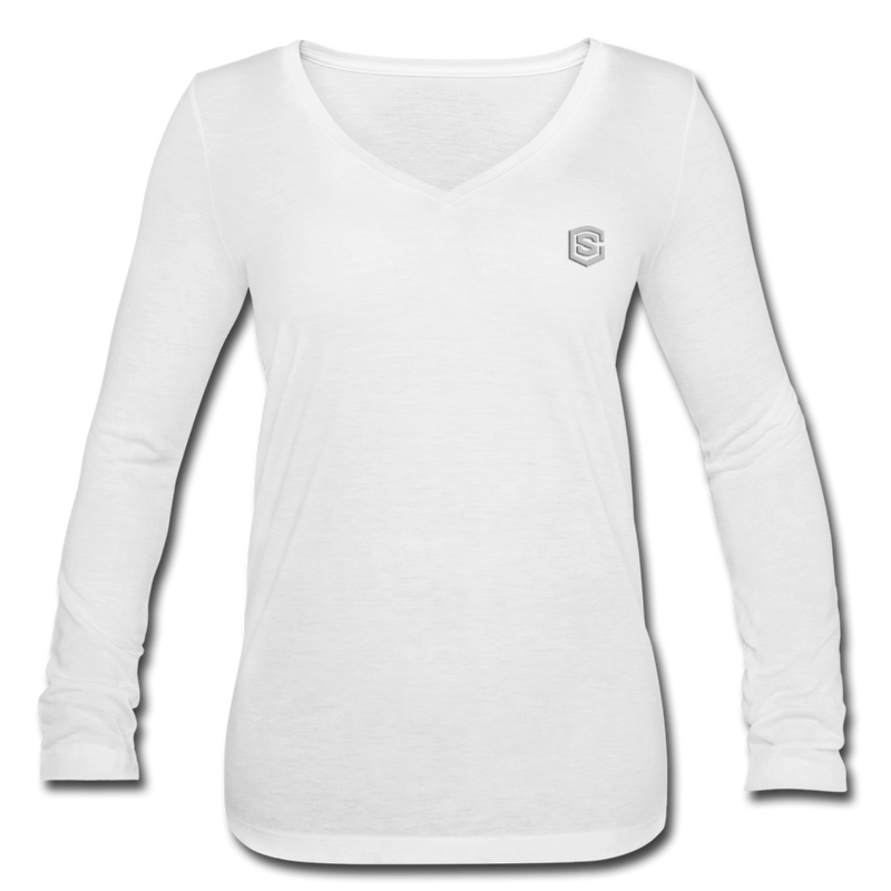 Women’s Long Sleeve  V-Neck Flowy Tee  WITH SILIVER  LOGO - white