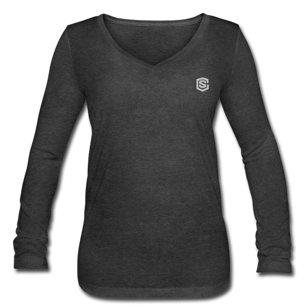 Women’s Long Sleeve  V-Neck Flowy Tee  WITH SILIVER  LOGO - deep heather