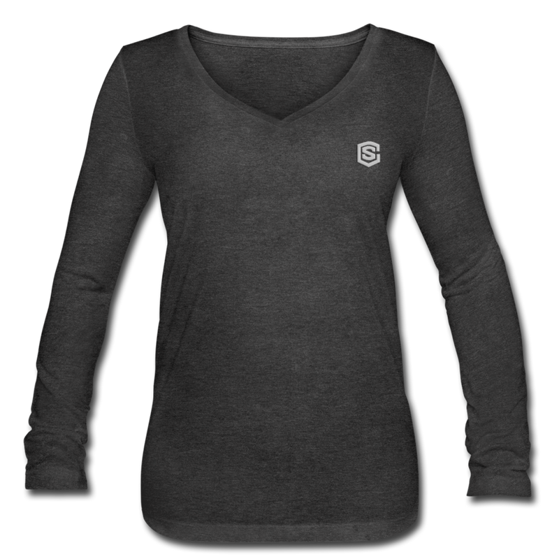 Women’s Long Sleeve  V-Neck Flowy Tee  WITH SILIVER  LOGO - deep heather