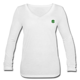 Women’s Long Sleeve  V-Neck Flowy Tee  WITH GREEN  LOGO - white