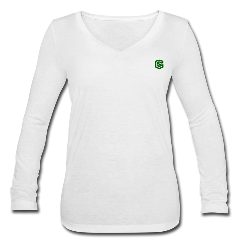 Women’s Long Sleeve  V-Neck Flowy Tee  WITH GREEN  LOGO - white