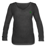 Women’s Long Sleeve  V-Neck Flowy Tee  WITH GREEN  LOGO - deep heather