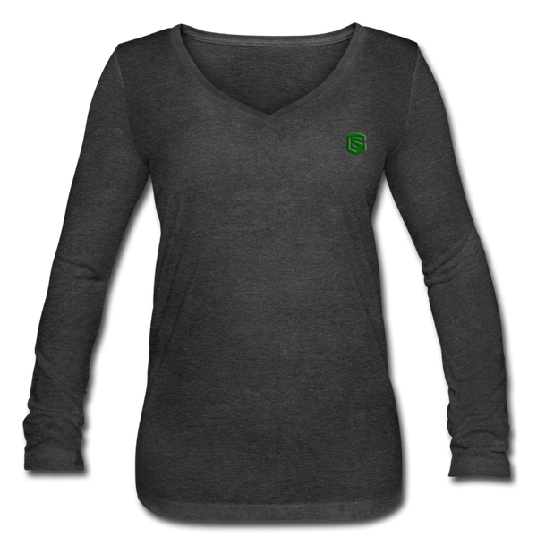 Women’s Long Sleeve  V-Neck Flowy Tee  WITH GREEN  LOGO - deep heather