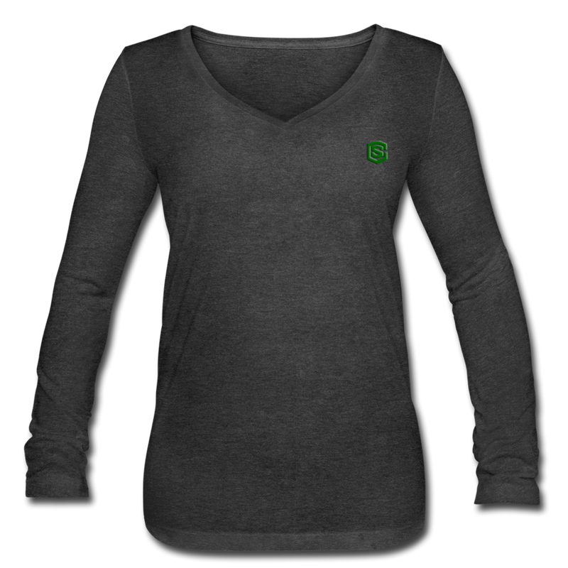 Women’s Long Sleeve  V-Neck Flowy Tee  WITH GREEN  LOGO - deep heather