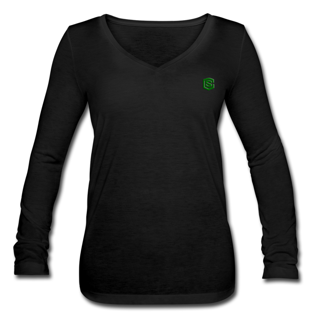 Women’s Long Sleeve  V-Neck Flowy Tee  WITH GREEN  LOGO - black