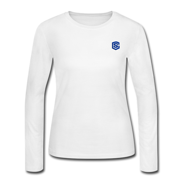 Women's Long Sleeve Jersey T-Shirt  WITH BLUE  LOGO - white