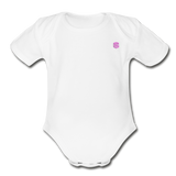 Organic Short Sleeve Baby Bodysuit  WITH  PINK  LOGO - white