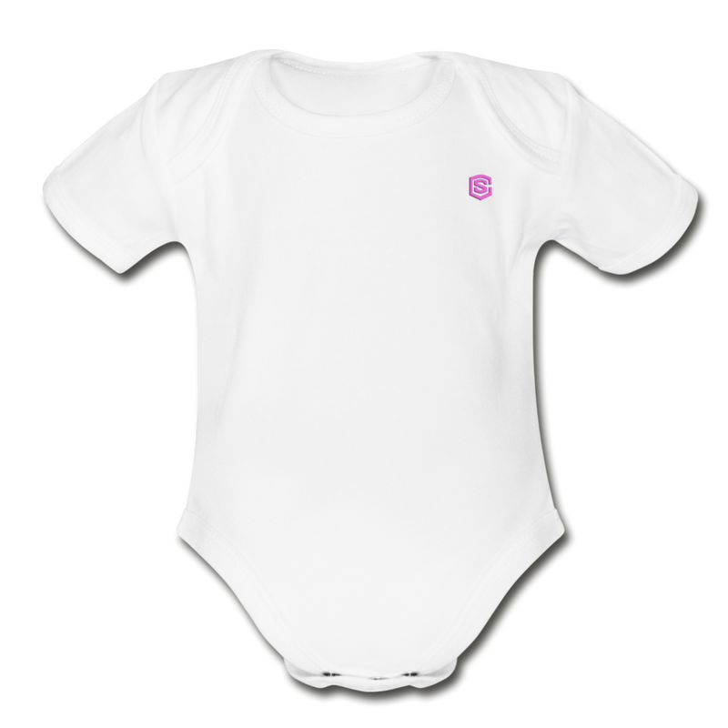 Organic Short Sleeve Baby Bodysuit  WITH  PINK  LOGO - white