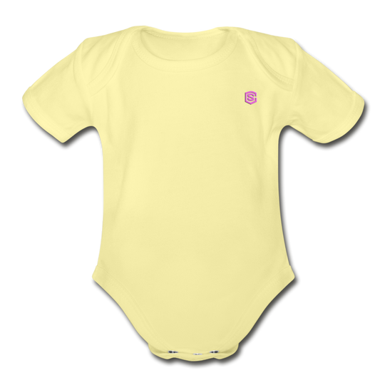 Organic Short Sleeve Baby Bodysuit  WITH  PINK  LOGO - washed yellow