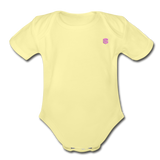 Organic Short Sleeve Baby Bodysuit  WITH  PINK  LOGO - washed yellow