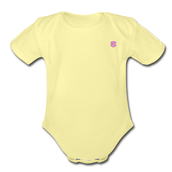 Organic Short Sleeve Baby Bodysuit  WITH  PINK  LOGO - washed yellow