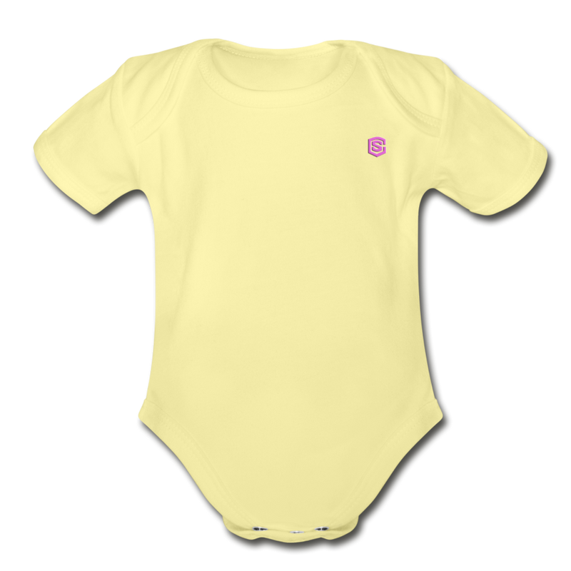 Organic Short Sleeve Baby Bodysuit  WITH  PINK  LOGO - washed yellow