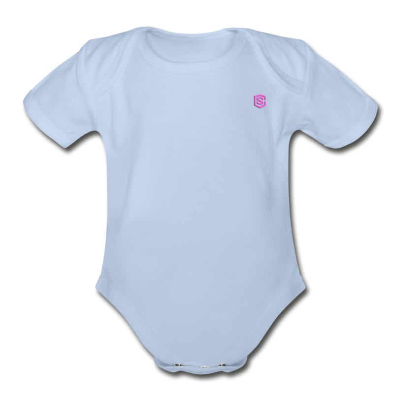 Organic Short Sleeve Baby Bodysuit  WITH  PINK  LOGO - sky