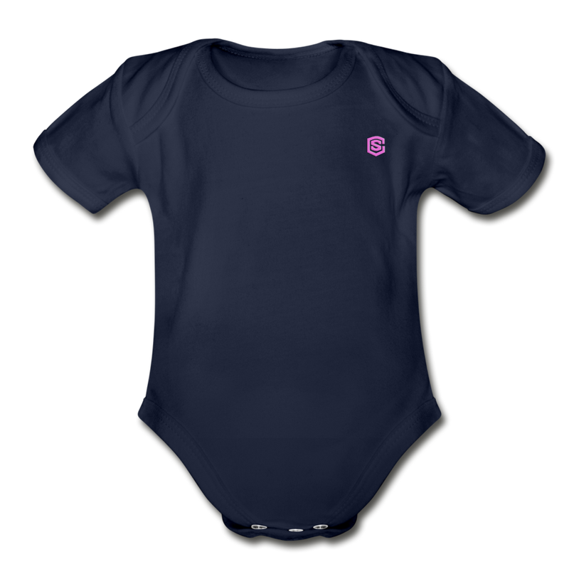 Organic Short Sleeve Baby Bodysuit  WITH  PINK  LOGO - dark navy