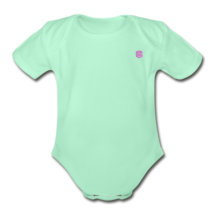 Organic Short Sleeve Baby Bodysuit  WITH  PINK  LOGO - light mint