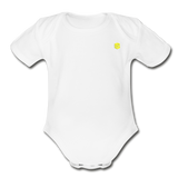 Organic Short Sleeve Baby Bodysuit  WITH  YELLOW  LOGO - white