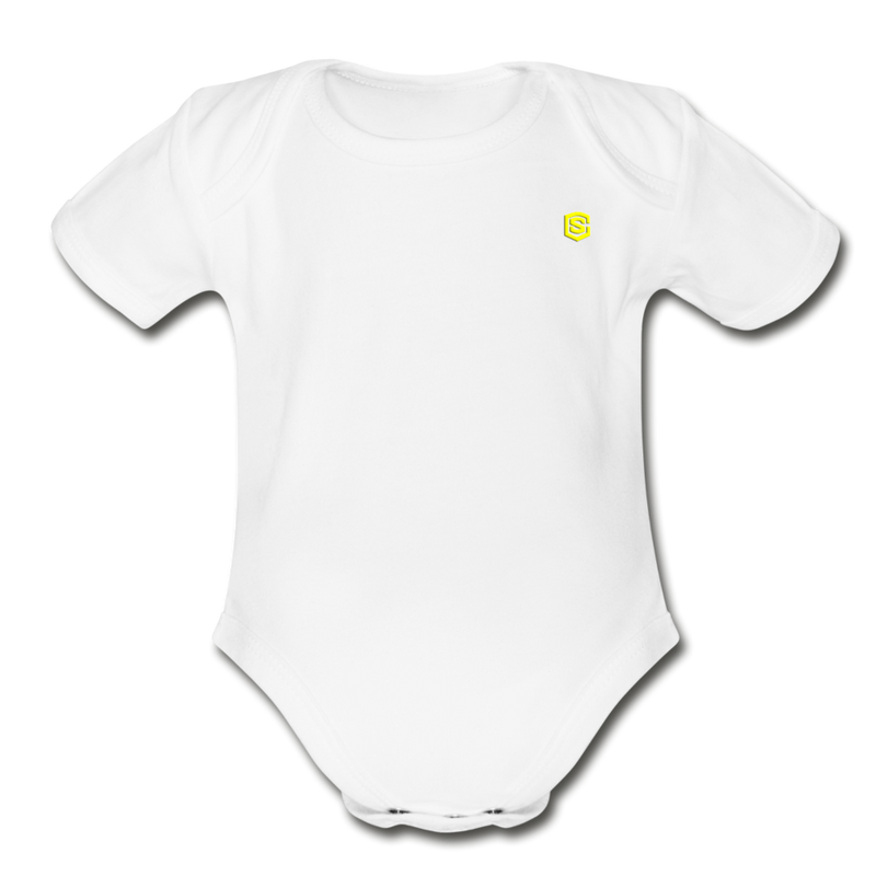 Organic Short Sleeve Baby Bodysuit  WITH  YELLOW  LOGO - white