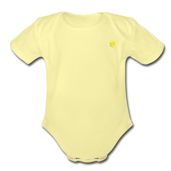 Organic Short Sleeve Baby Bodysuit  WITH  YELLOW  LOGO - washed yellow