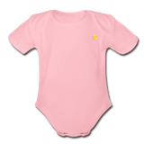 Organic Short Sleeve Baby Bodysuit  WITH  YELLOW  LOGO - light pink