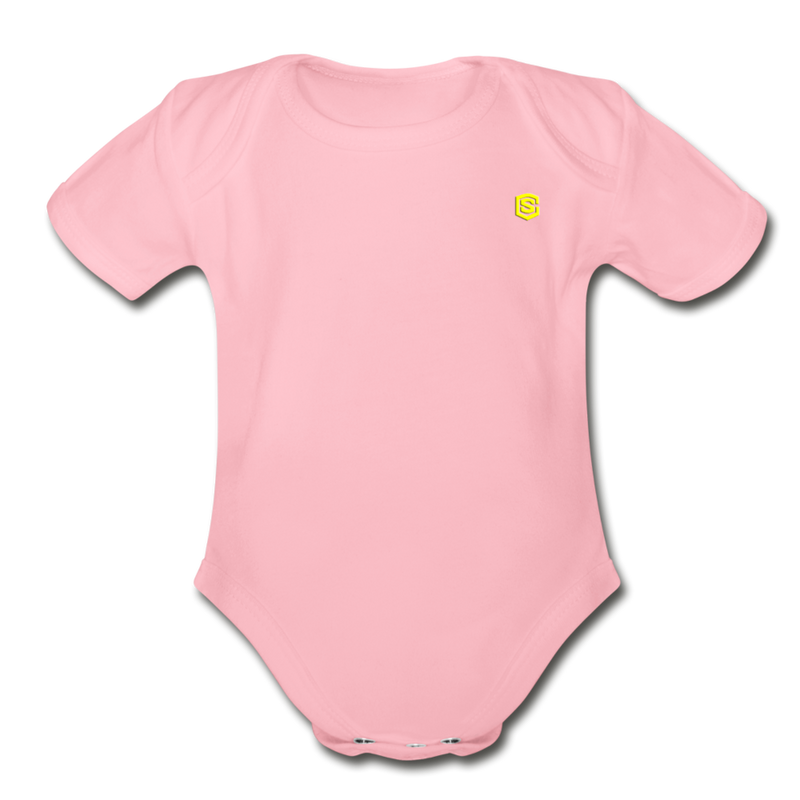 Organic Short Sleeve Baby Bodysuit  WITH  YELLOW  LOGO - light pink