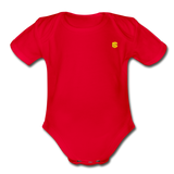 Organic Short Sleeve Baby Bodysuit  WITH  YELLOW  LOGO - red