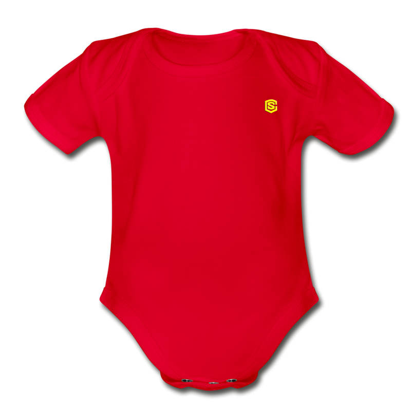 Organic Short Sleeve Baby Bodysuit  WITH  YELLOW  LOGO - red