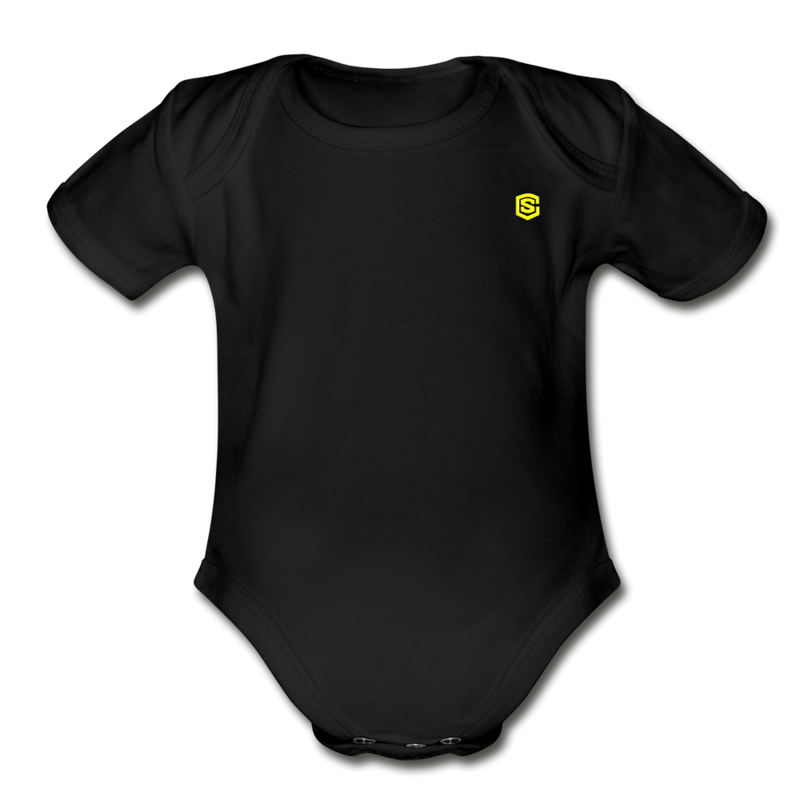 Organic Short Sleeve Baby Bodysuit  WITH  YELLOW  LOGO - black