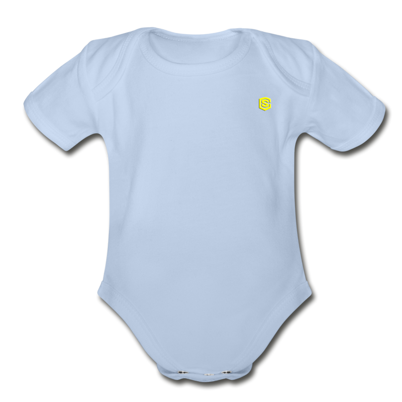 Organic Short Sleeve Baby Bodysuit  WITH  YELLOW  LOGO - sky