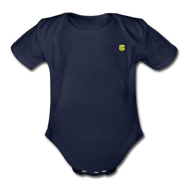 Organic Short Sleeve Baby Bodysuit  WITH  YELLOW  LOGO - dark navy