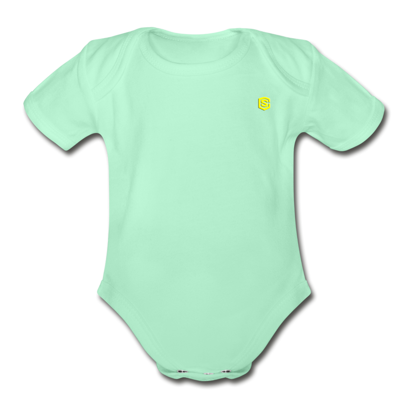 Organic Short Sleeve Baby Bodysuit  WITH  YELLOW  LOGO - light mint