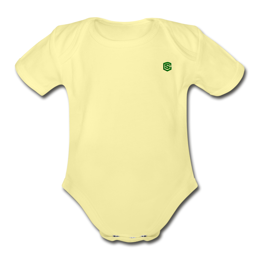 Organic Short Sleeve Baby Bodysuit  WITH  GREEN  LOGO - washed yellow