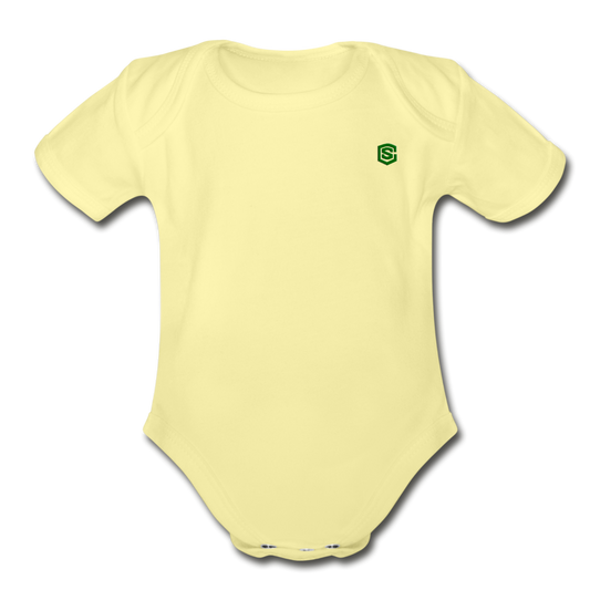 Organic Short Sleeve Baby Bodysuit  WITH  GREEN  LOGO - washed yellow