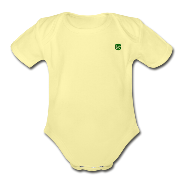 Organic Short Sleeve Baby Bodysuit  WITH  GREEN  LOGO - washed yellow