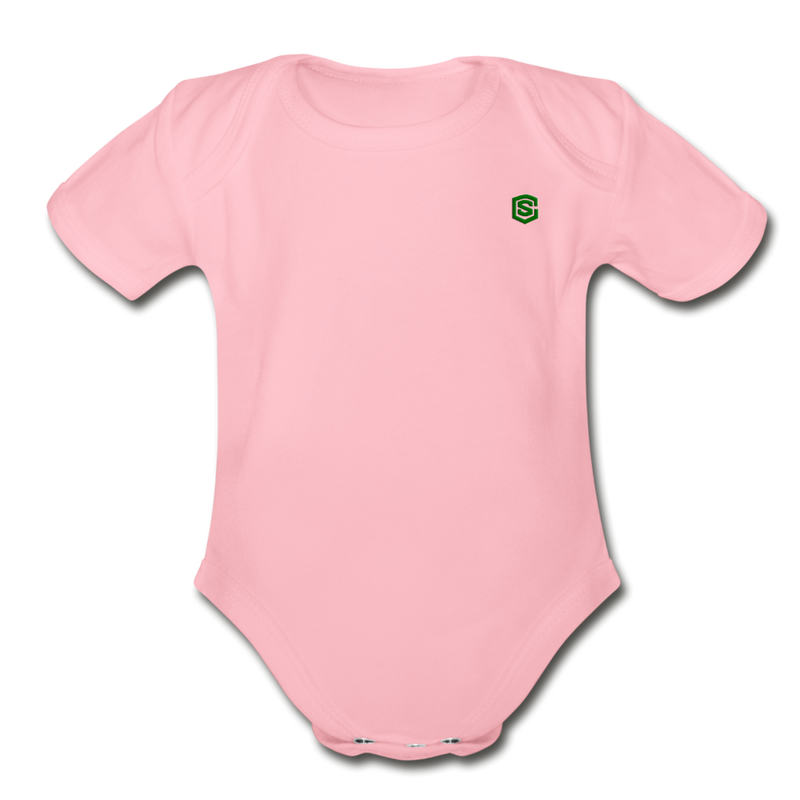 Organic Short Sleeve Baby Bodysuit  WITH  GREEN  LOGO - light pink